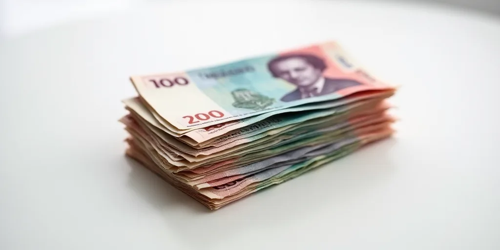a pile of mexican currency sitting on top of each other on a table top with a white background and a