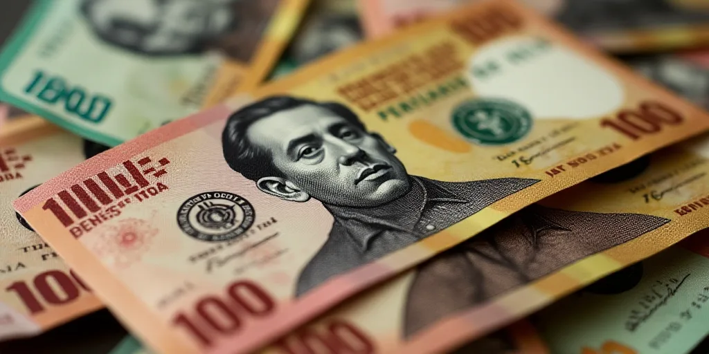 a pile of mexican currency with a man's face on the front of the money is shown in this picture, Dav