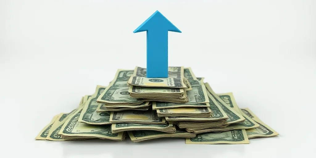 a pile of mexican currency with a blue arrow pointing to the top of the image and a blue arrow point