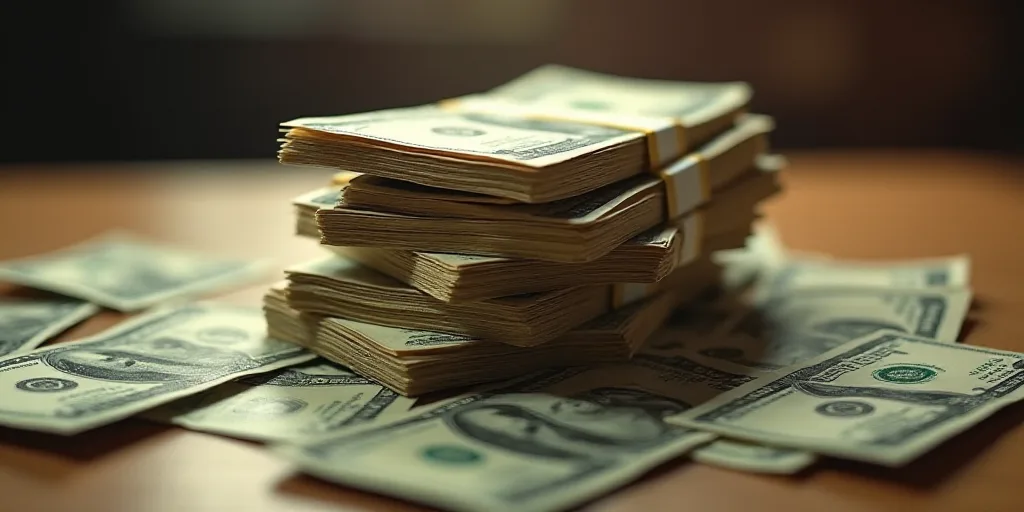 a pile of money sitting on top of each other on top of a table next to a pile of other money, Elina