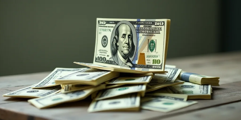 a pile of money with a hundred dollar bill in the background with a hundred dollar bill sticking out