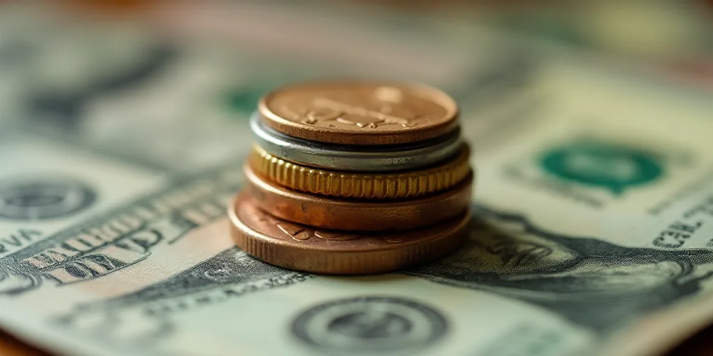 a pile of money with a penny on top of it and a coin on the bottom of the pile, Avgust Černigoj, ma