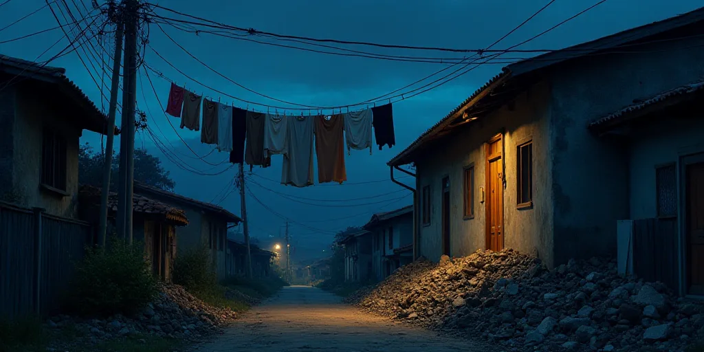 a pile of rubble and clothes hanging from a wire above a street at night with a house in the backgro