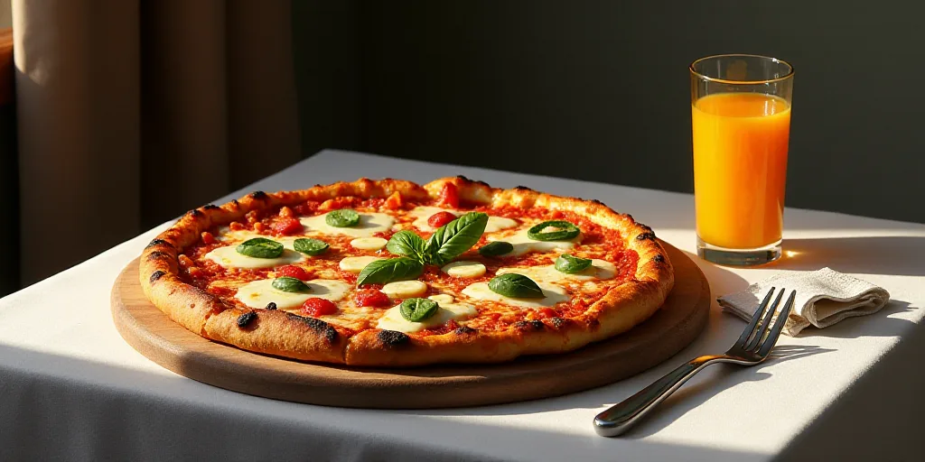 a pizza with many toppings on it sitting on a table next to a cup of juice and a napkin, Ceferí Oli