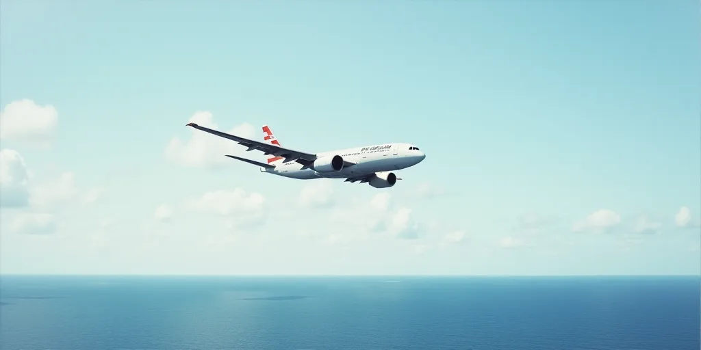 a plane flying over a large body of water with a sky background and a red and white flag on the fron