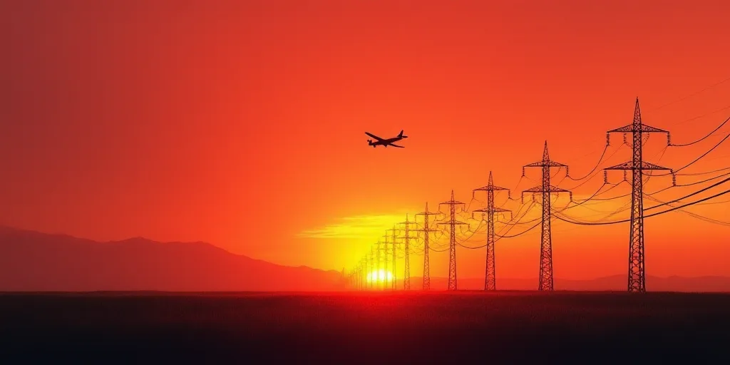 a plane is flying low over a field of power lines at sunset or dawn with a red sky in the background