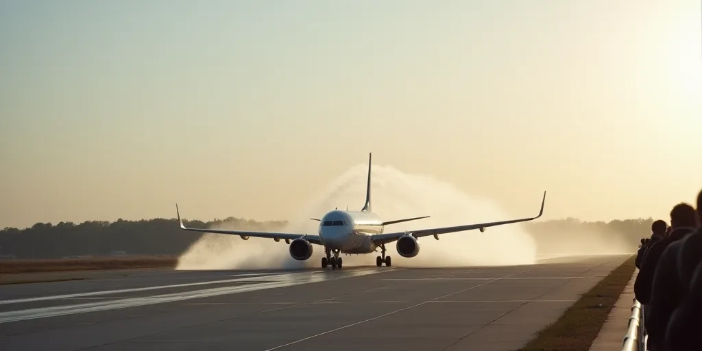 a plane is spraying water on the runway as people watch from the sidelines of the runway and watch,