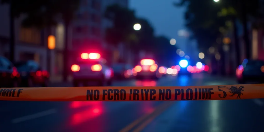 a police line with police cars and emergency lights on the street at night time with police tape blo