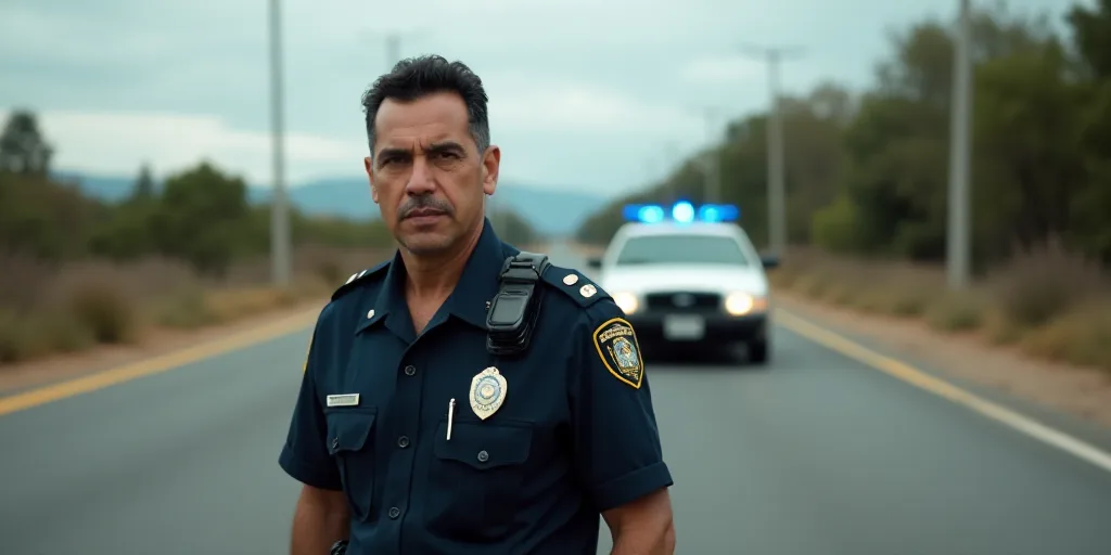 a police officer standing in the middle of a road with a camera on his shoulder and a police car in