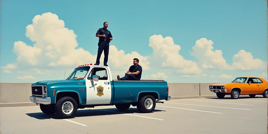 a police officer standing on the back of a truck with a man on top of it in a parking lot, Carlos Ca