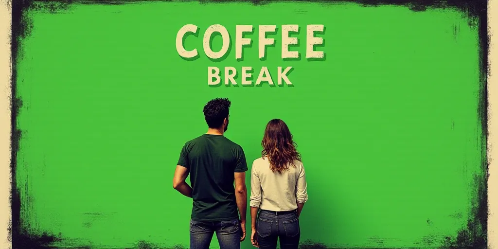 a poster for a coffee break with two people standing next to each other and a green background with