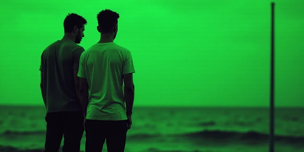a poster with two men standing next to each other with a green background and a black and white phot