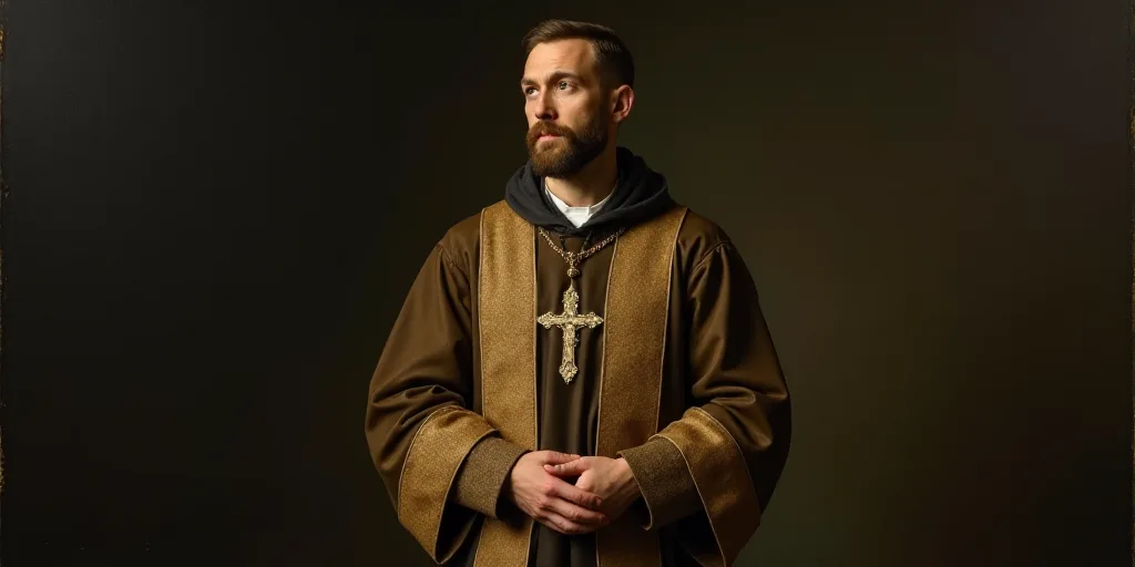 a priest standing with his hands folded in front of him and wearing a cross on his chest and a robe