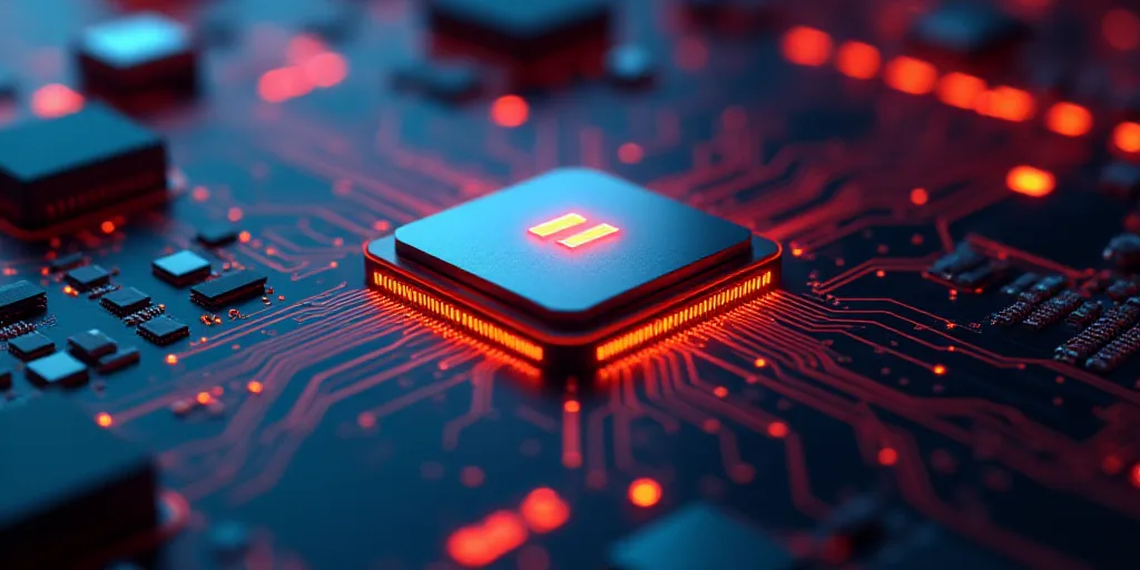 a processor with a chip on top of it in front of a background of circuit boards and wires and lights