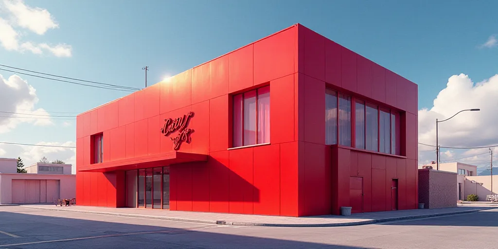 a red building with a sign that says city club mix on it's side and a sky background, Araceli Gilber