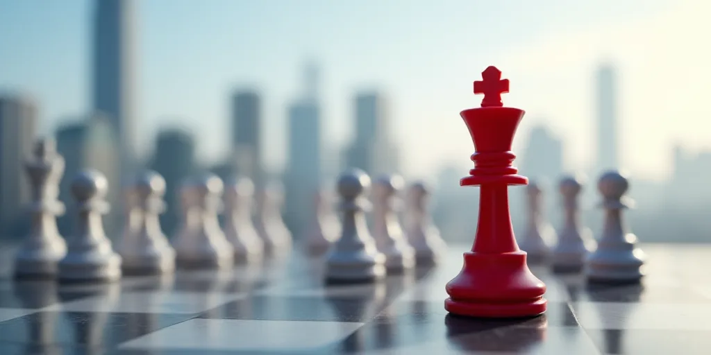 a red chess piece standing out from a group of white chess pieces in front of a city skyline with sk