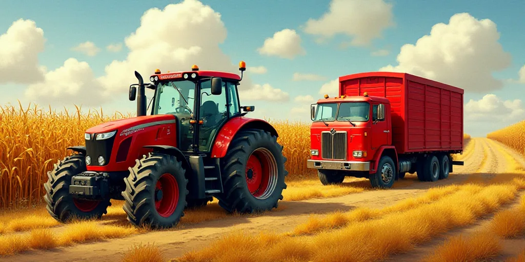 a red tractor driving through a field of corn next to a red truck with a red trailer on it, Cornelis