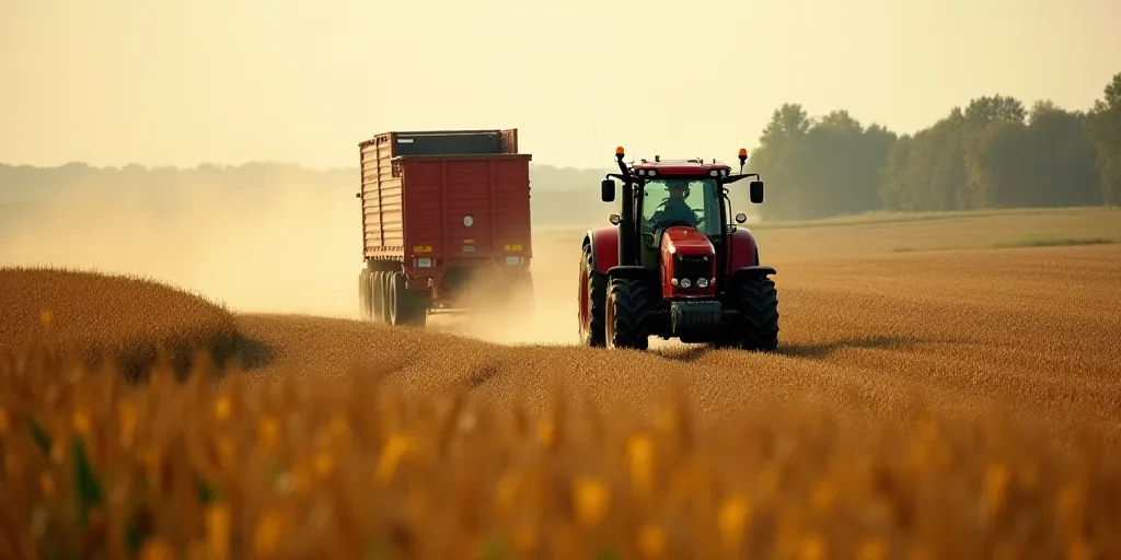 a red tractor is driving through a field of corn as a red grain truck drives by behind it in the dis