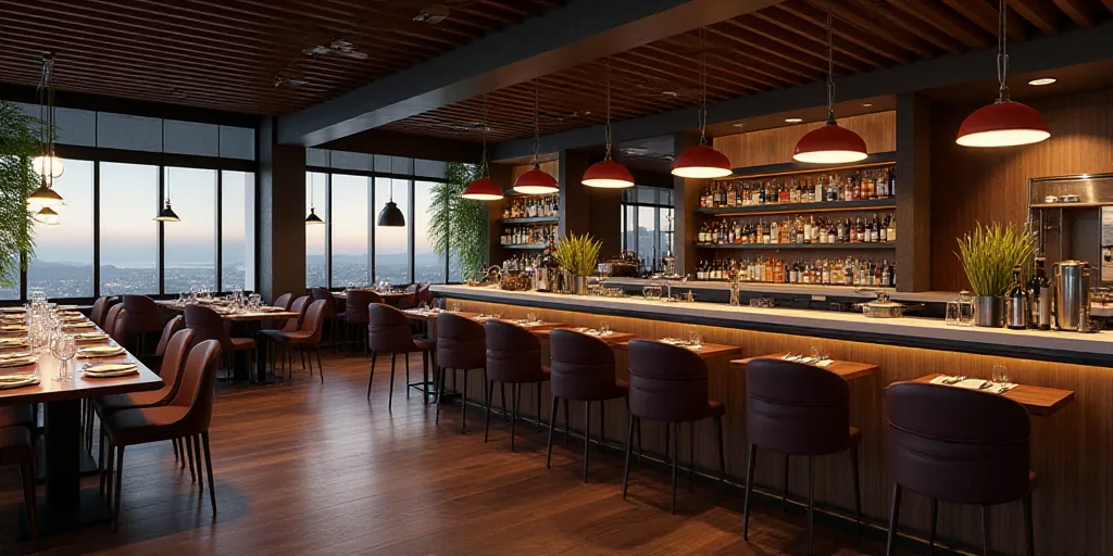 a restaurant with a large counter and a long dining table with place settings and chairs around it,