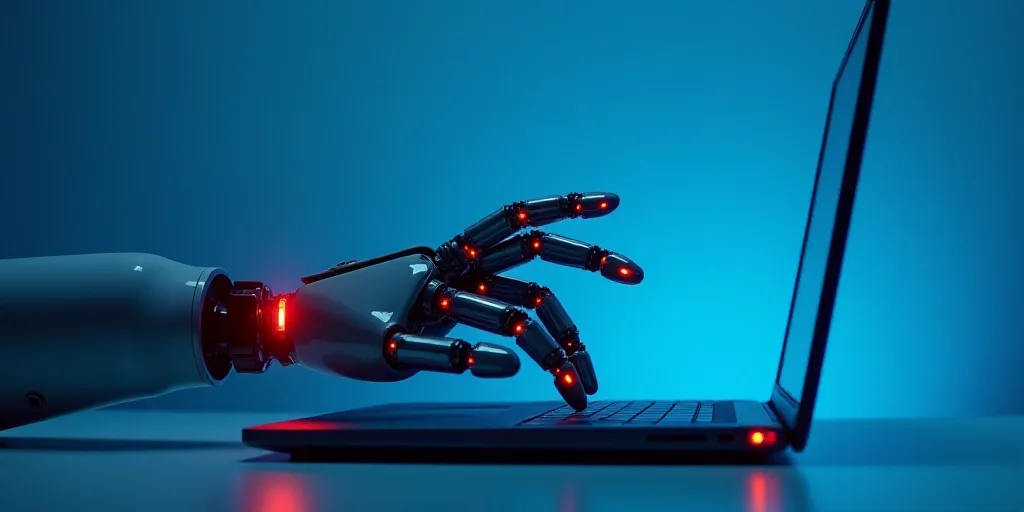 a robotic hand is touching a laptop keyboard with red lights on it's side and a blue background, And