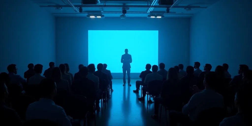 a room full of people sitting in chairs and a projection screen in the middle of the room with a blu