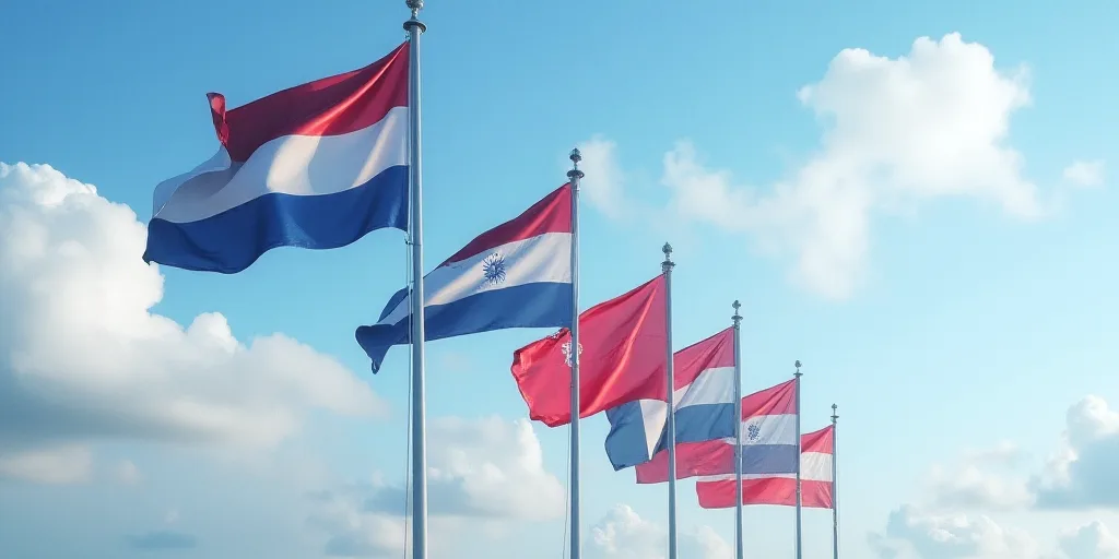 a row of flags blowing in the wind on a cloudy day with a blue sky in the background and a few cloud