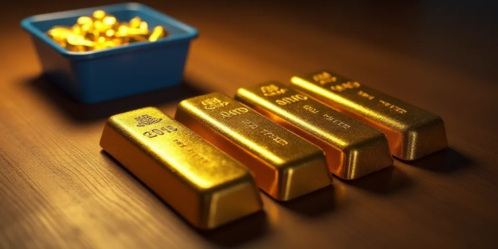 a row of gold bars sitting on top of a table next to a blue container of gold bars on a table, Engue