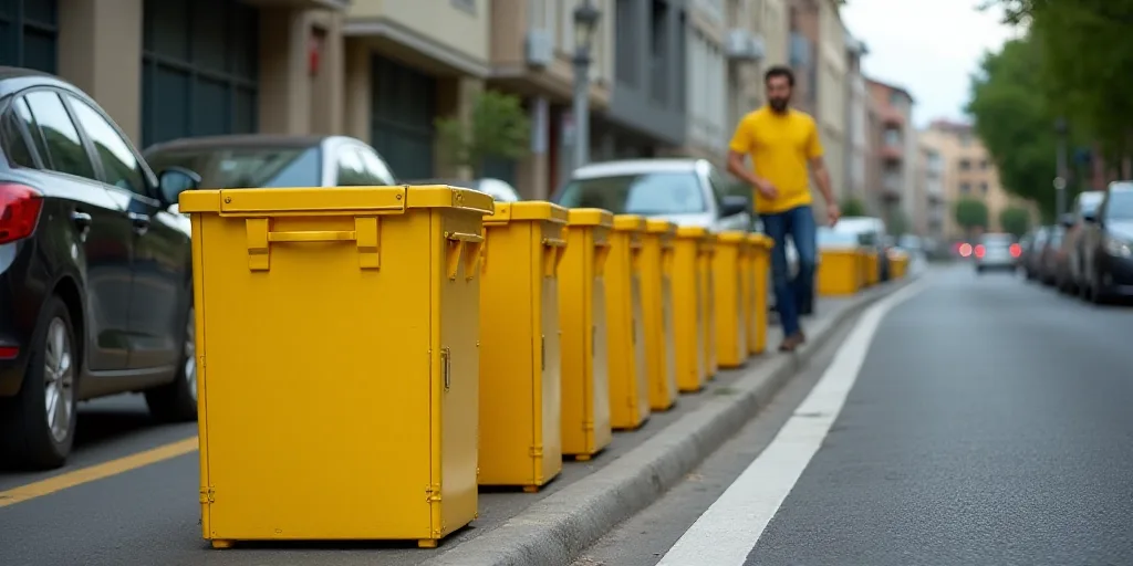 a row of yellow boxes sitting on the side of a road next to parked cars and a man in a yellow shirt,