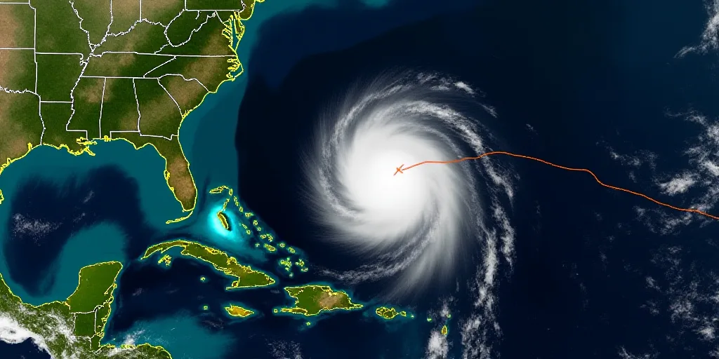 a satellite image of a tropical storm in the middle of the ocean with a red and yellow line on the m