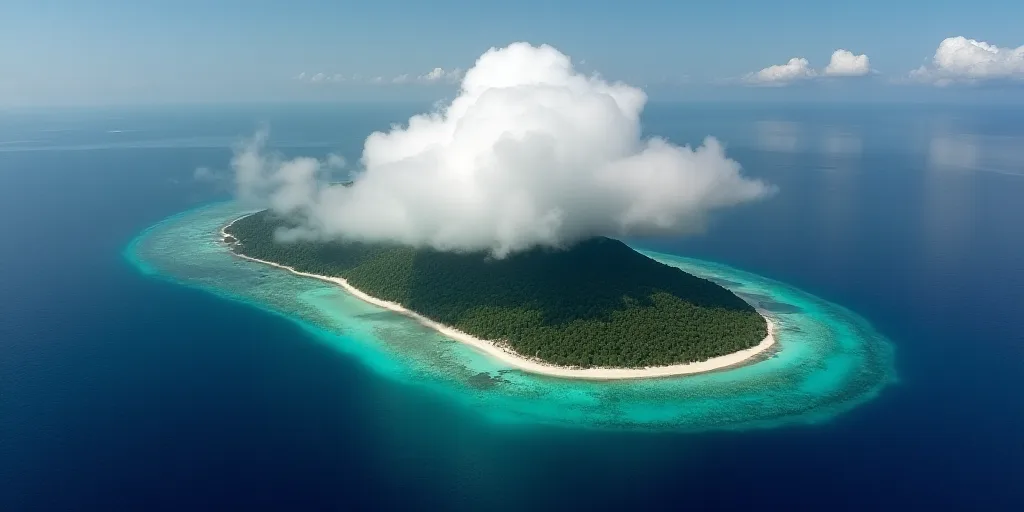 a satellite image of a tropical island in the ocean with a cloud covering the sky and a satellite im
