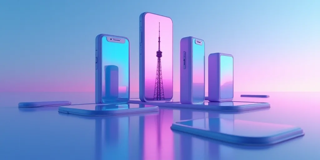 a series of images with a tower and a cell phone in the middle of them, and a blue and pink backgrou