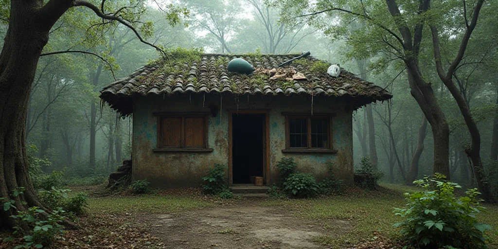 a shack with a bunch of objects hanging on it's roof and a lot of trees around it, Federico Uribe, h