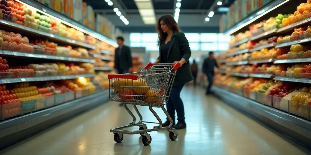a shopping cart in a grocery store filled with food items and people shopping in the background with