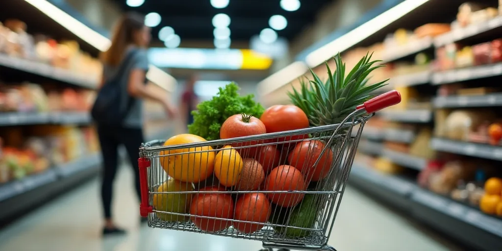 a shopping cart in a grocery store filled with food items and a woman in the background with a shopp