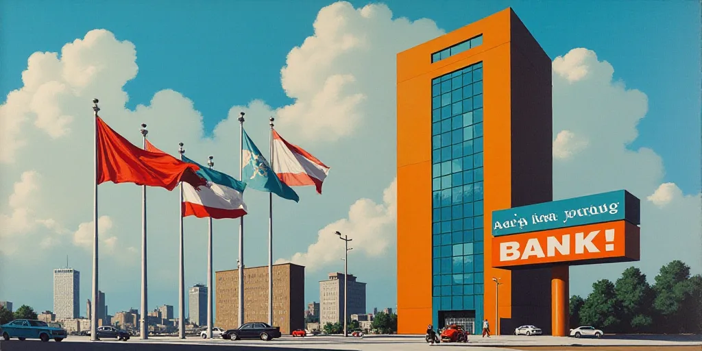 a sign for a bank in front of a tall building with flags flying in the wind in the city, Federico Ur