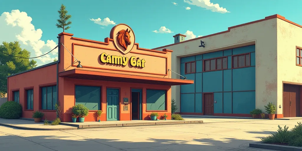 a sign for a company in front of a building with a horse head on it's side and a large building with