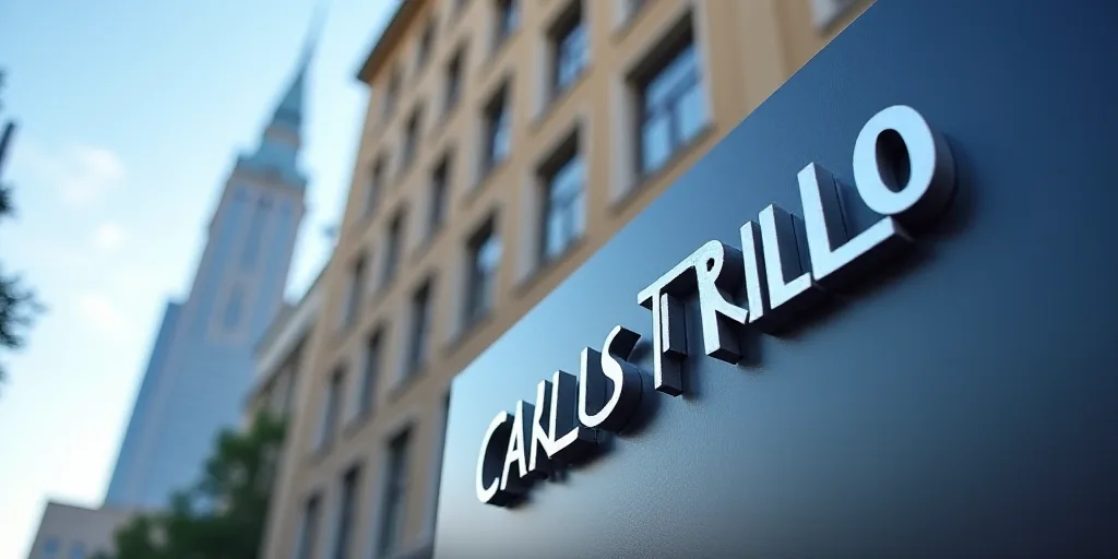 a sign for a company in front of a building with a sky background and a skyscraper in the background