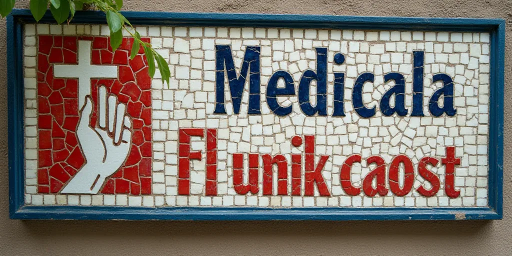 a sign for a medical office in a foreign country, with a picture of a hand holding a cross, Bernardi