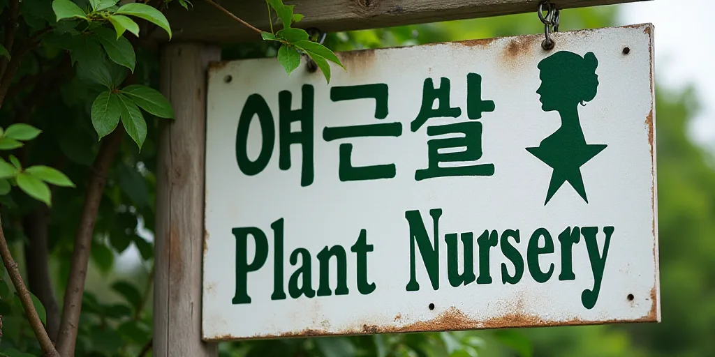 a sign for a plant nursery with a woman's profile on it's side and a star on the bottom, An Gyeon, t