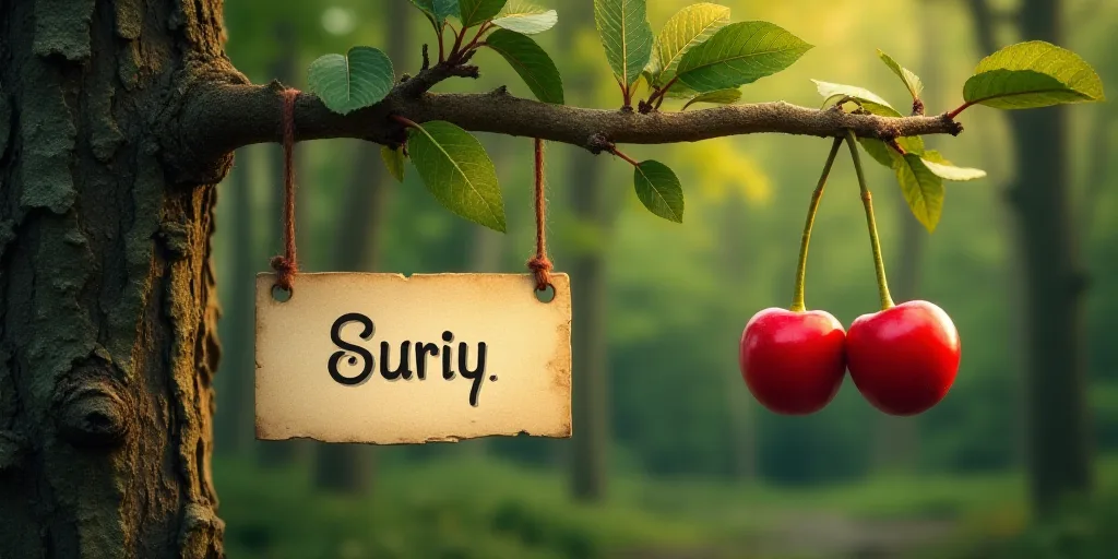 a sign hanging from a tree in a forest with a name written on it and two cherries hanging from a bra