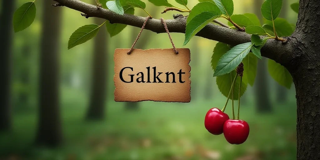 a sign hanging from a tree in a forest with a name written on it and two cherries hanging from a bra