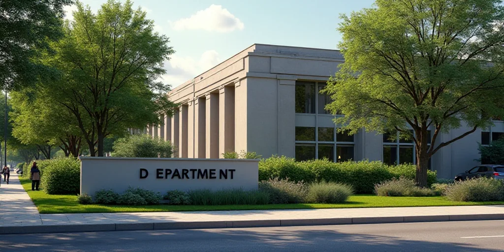a sign in front of a building that says department of state on it and trees in front of it, Afewerk