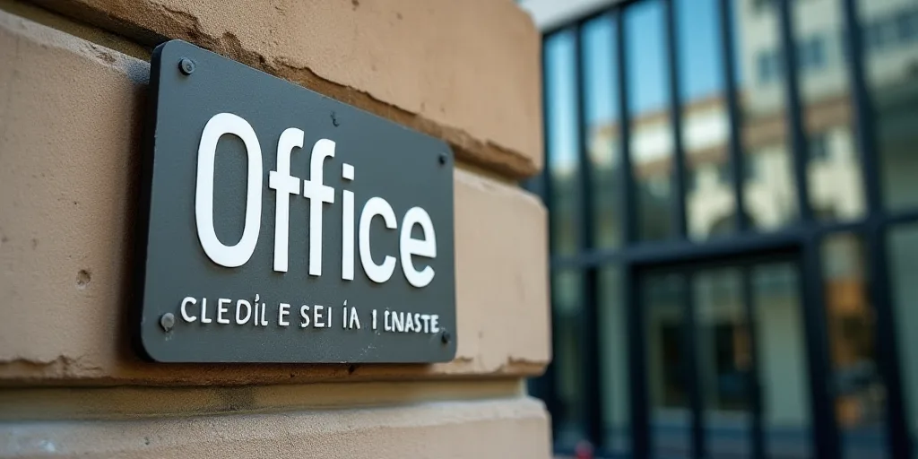 a sign on a building that says office in spanish and english and a building with a glass window behi