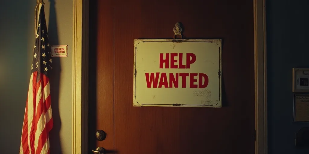 a sign on a door that says help wanted with an american flag in the background and a sticker on the