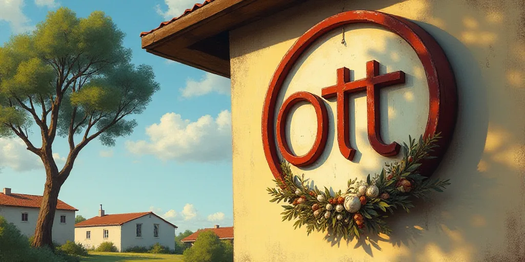 a sign on a wall that says ott in a circle with a wreath on it and a tree in the background, Carles