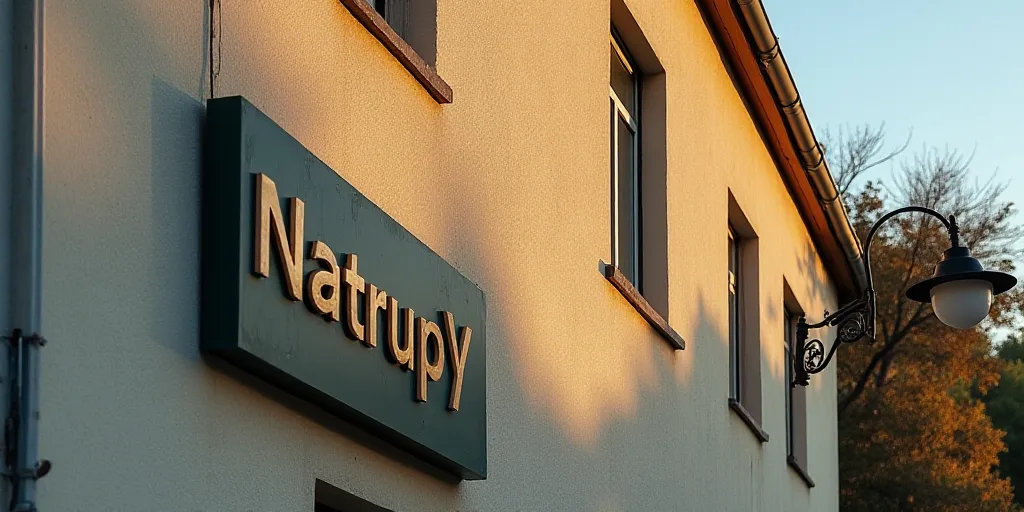 a sign on the side of a building that says natrupy on it and a street light on the side of the build