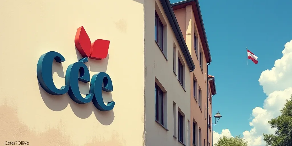 a sign on the side of a building that says cee and a flag flying in the background of the building,