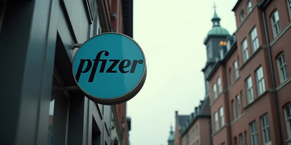 a sign on the side of a building that says pfizer on it's side and a building with a clock on it, Al