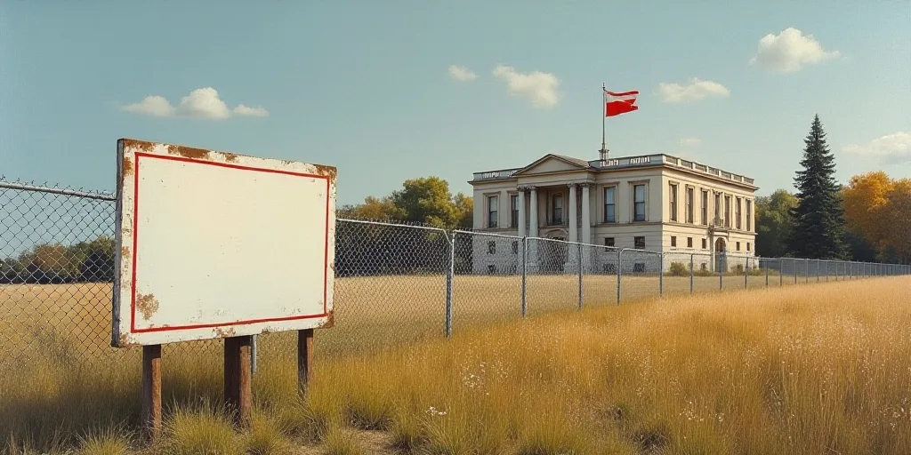a sign that is on a fence in front of a building with a building in the background and a flag on top
