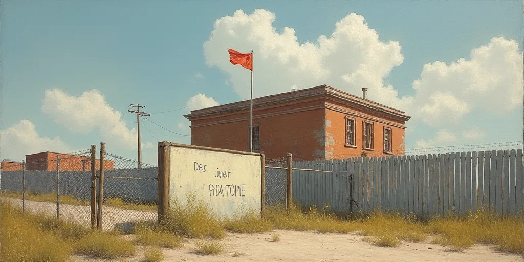 a sign that is on a fence in front of a building with a building in the background and a flag on top